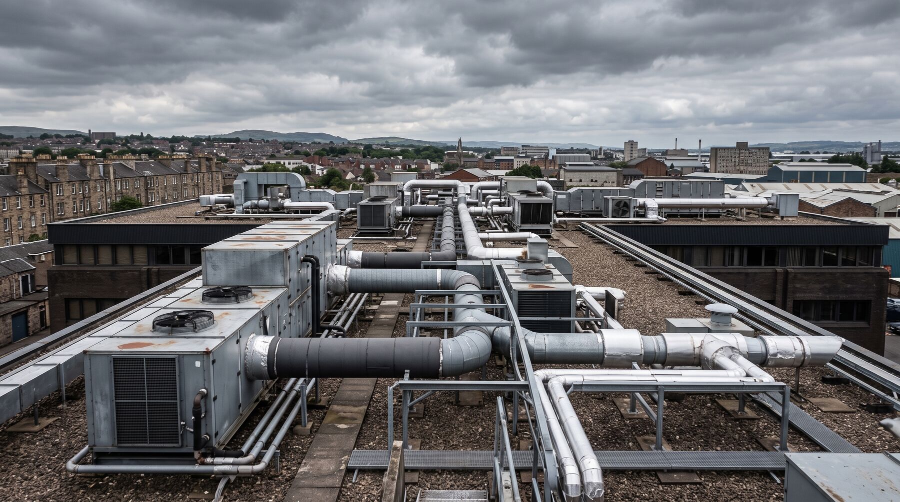 Rooftop air handling units and ductwork on a commercial building