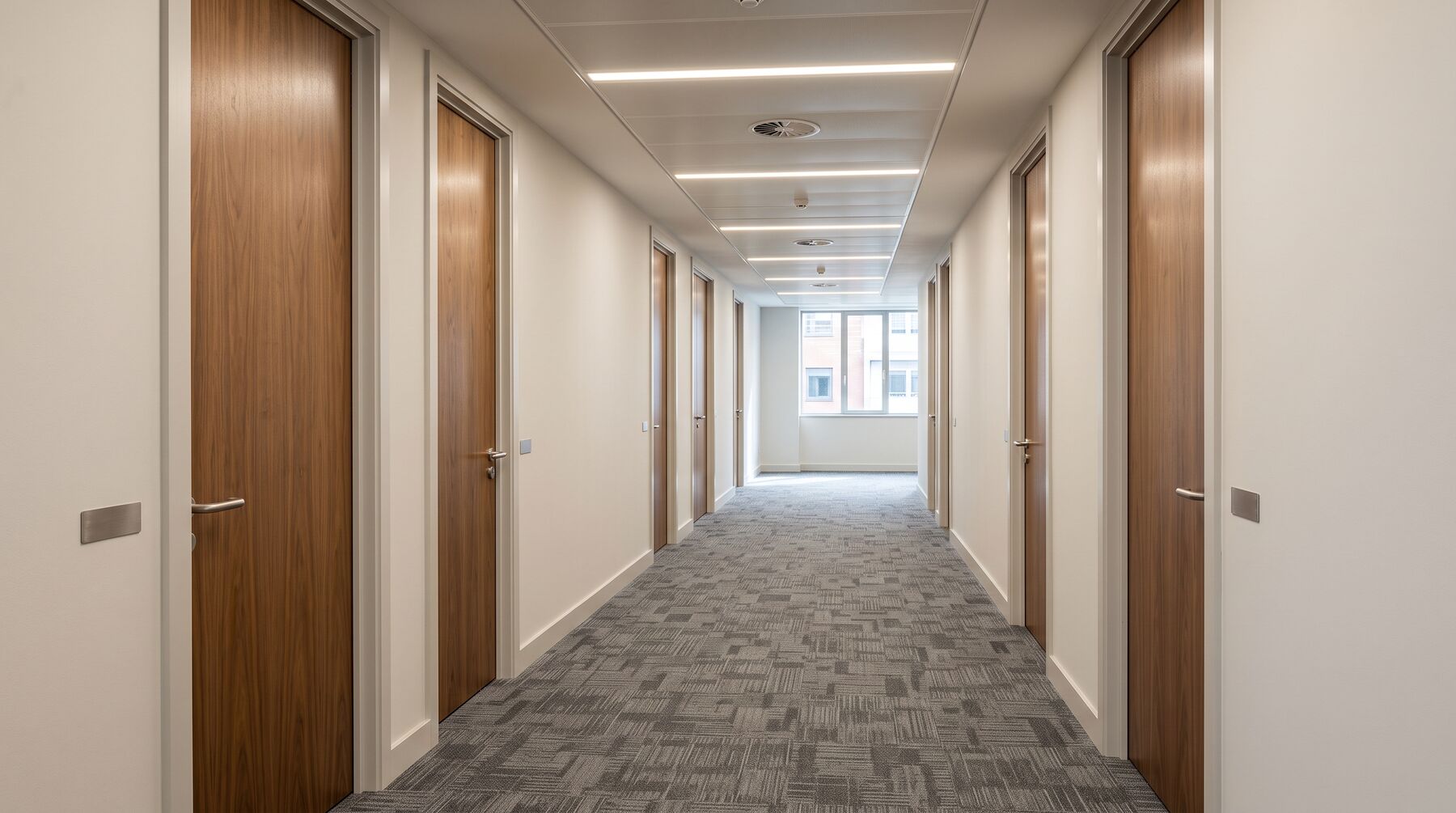 Refurbished office corridor with new doors, decoration and lighting