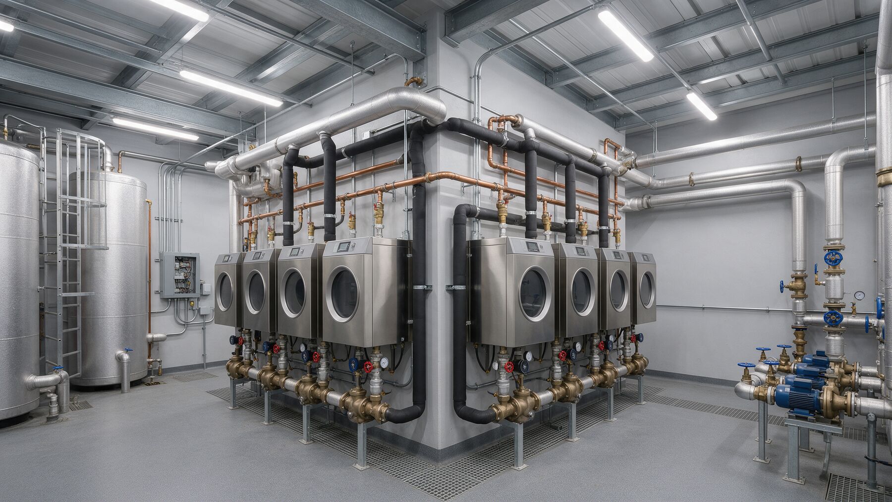 Plant room with commercial boilers, pumps and pipework