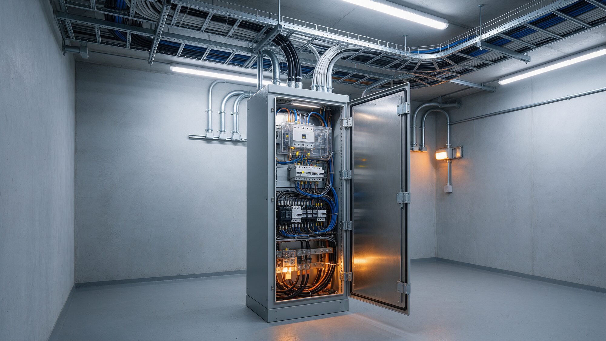 Electrical distribution board in a commercial plant room