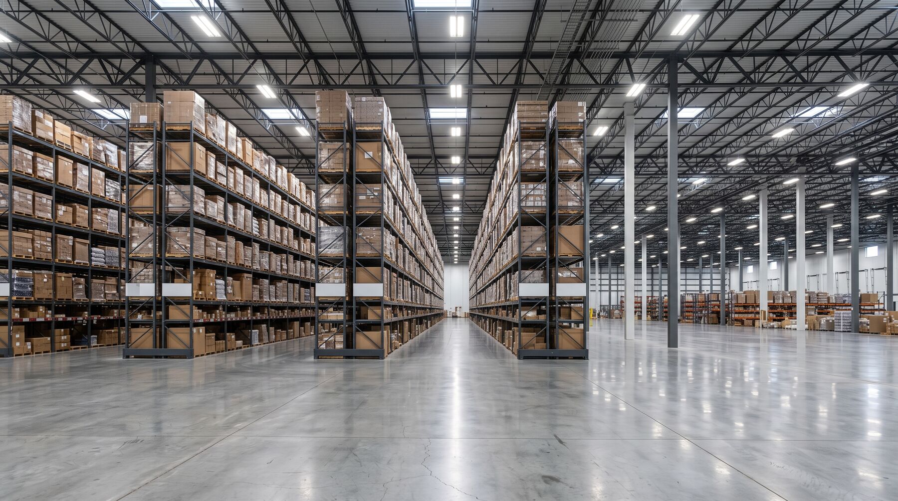 Warehouse lit by rows of LED high-bay lights