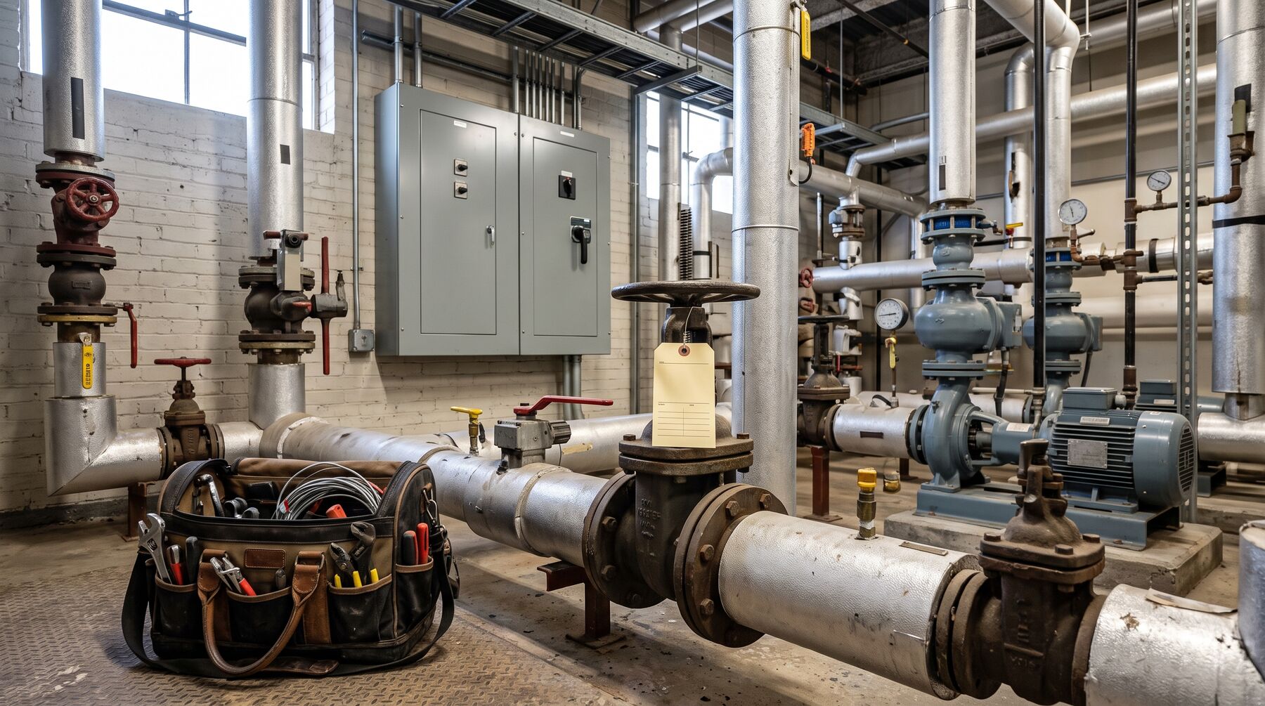 Plant room with pumps, valves and electrical panels during a maintenance visit