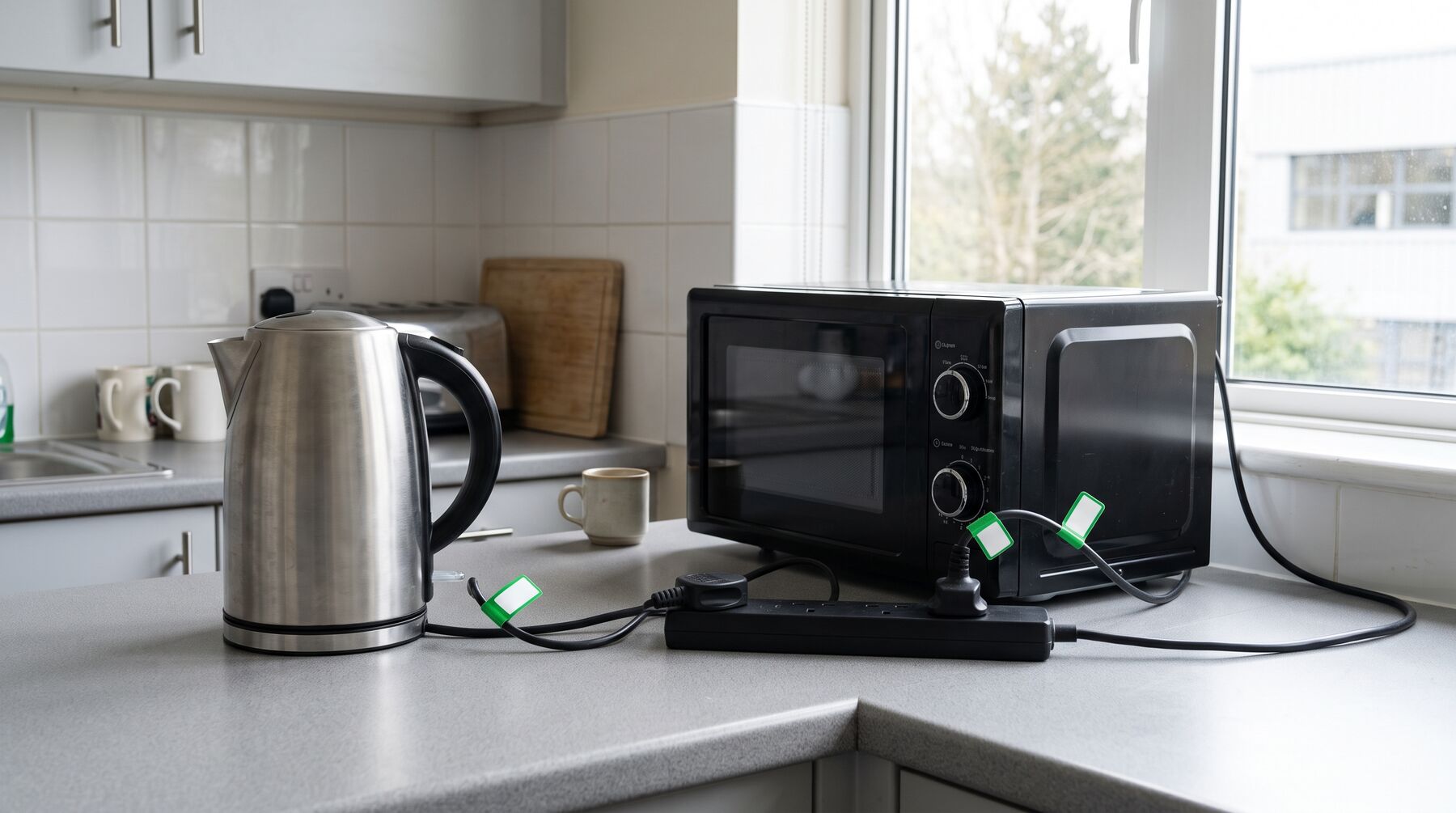 Office kitchen appliances with PAT test labels on the plugs