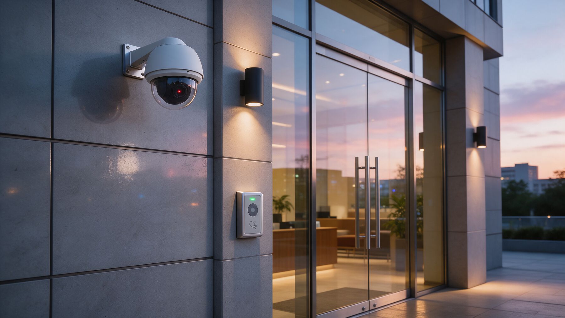 CCTV camera and proximity card reader beside a commercial entrance