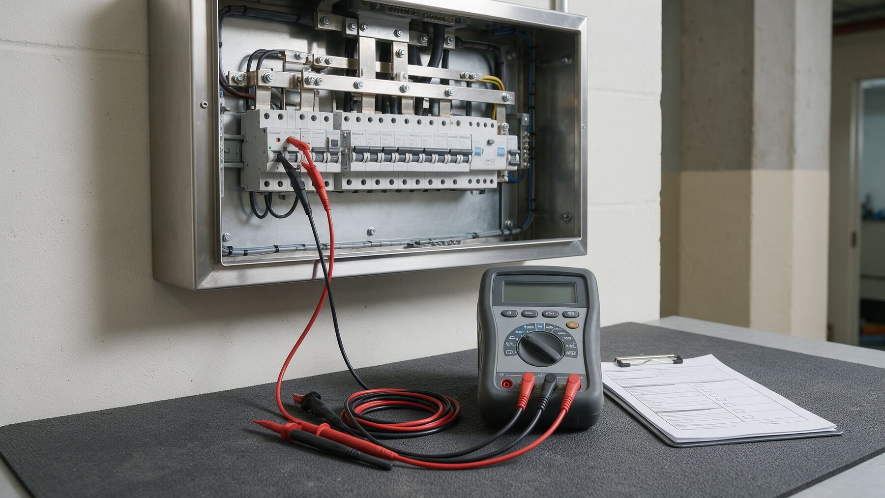 Test leads connected to a distribution board with a test record on a clipboard